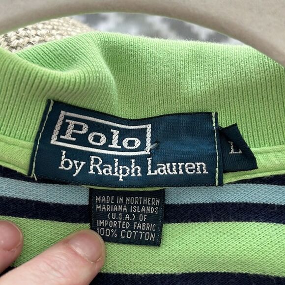 Polo Ralph Lauren Lime with Double Blue Stripes  Polo Shirt made in 🇺🇸 USA - Picture 10 of 10